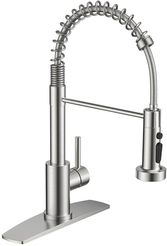 FORIOUS Kitchen Faucets with Sprayer, Brushed Nickel Stainless Steel Sink Faucet Single Handle with Deck Plate, Commercial Classic Spring Faucet for Kitchen Sink, Bar & Prep Sinks, Laundry RV Camper