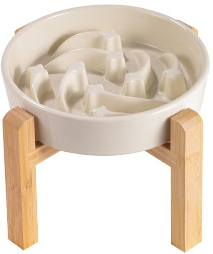 8.26 in Milk White Dog Bowl Slow Feeder Ceramic for Medium and Large Breed,Elevated/Raised Slow Feeding Dog Food Water Dish Heavy Weighted,Puzzle Eating Bowl Modern Maze Meteor
