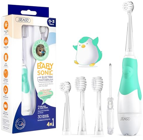 Seago Baby Toothbrush Age 0-2-3 Years Old Electric Toddler Kids Battery Powered Sonic Tooth Brush with Timer LED Light and 4 Soft Brush Heads for 6 Months and Up SG513 (Baby Green UK)