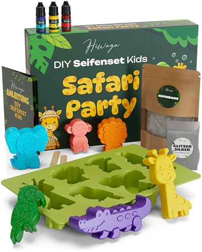 Hiwaga DIY Seife selber machen Set Kinder, Kreativ Set für junge Entdecker, Bastelset Kinder ab 8 Jahre zum Seife herstellen, Bastelset mit 400g Rohseife, Farbe, Kosmetik-Glitzer & Safari-Silikonform