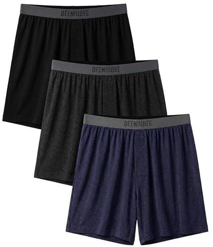 BEENIUBEE Mens Merino Wool Underwear, Long leg Loose Fit Boxers, Breathable Soft Moisture Wicking Odor Resistant Underwear with Elastic Waistband 3 Pack (Multicolor01, L)