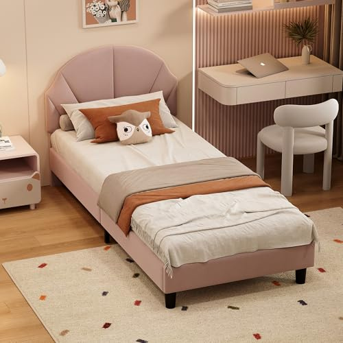 QLTXYHML Lit Enfant 90×200 cm Velours Rose – Cadre de lit rembourré tête de lit Confort, sommier à Lattes Inclus, lit Simple 1 Place pour Chambre Fille (Rose, 90x200)