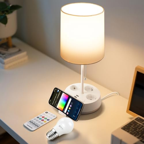 Aigostar- Lamparas de Mesita de Noche Inteligente Compatible con APP, Lámparas de Mesa Tela, 2700K-6500K y RGB Regulable, con 3 Enchufes (Type F), 3 Puerto de Carga Rápida, Mando a Distancia,Blanco