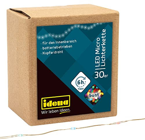 Idena 31096 - LED Micro Lichterkette mit 30 LEDs in Bunt, mit 6 Stunden Timer Funktion, batteriebetrieben, ca. 3,2 m lang, Deko für Innen, zum Basteln, als Party Deko, Weihnachtsdeko, zur Hochzeit