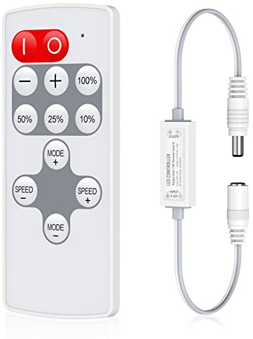 HitLights Mini RF Remote Controller for Single Color LED Strip Lights, DC 5-24V, 12-Key Wireless Dimmer with Dynamic Effect Mode, PWM Dimming Control, Ideal for Room, Home, Cabinet, DIY