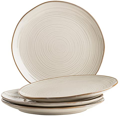 MÄSER Serie Nottingham, 4er Teller Set mit filigranem Linienspiel und edler Glasur, Speiseteller aus Keramik in modernem Vintage Look, Steinzeug, Beige