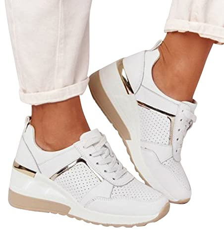 YANFJHV Trainers with Wedge Heel Women's White Trainers Casual Shoes Platform Mules Single Shoes Mesh Breathable Flat Shoes Women's Shoes Outdoor Non-Slip Sports Shoes, beige, 6