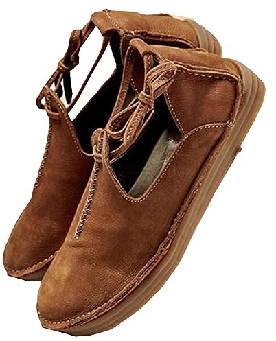 SIULAS medeltida PU-läderskor med platt botten – renässans häxstövlar med låg klack – steampunk retro casual läderstövletter – dam läderskor med rund huvud, gul, 39