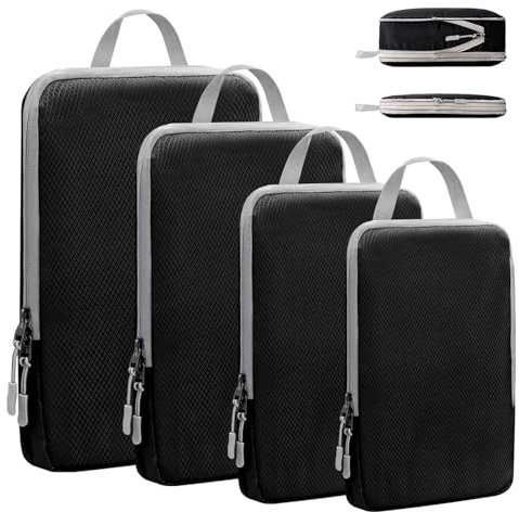 VMUTGA Kompressions Packwürfel Set, Erweiterbar Koffer Organizer Wasserdichte Packing Cubes Kleidertaschen für Reisen & Zuhause, Schwarz, 4-Teiliges Set