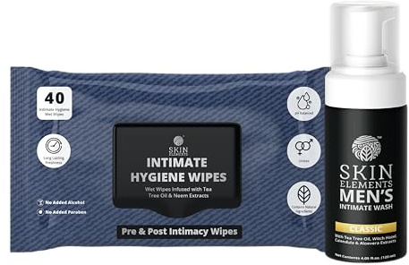 Skin Elements Intimate Hygiene Combo| Intimate Wash Men 120 ml+Intimate Wipes 30 Individual Sachets With Tea Tree & Neem Extracts - pH Balanced Foaming Wash Prevents Irritation & Bad Odor