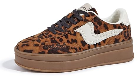 LUCKY STEP Baskets Femme à Plateforme – Sneakers Chunky de Mode, Chaussures Casual à Lacets, Confortables pour Marcher et au Quotidien (Marron/Léopard, 9US-40EU-7UK)