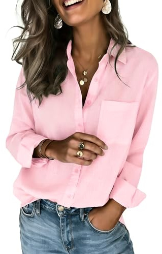 Zeagoo Womens Oversized Button Down Blouse Cotton Loose Fitted Linen Blouse Roll-Sleeved Summer Travel Tops Pink