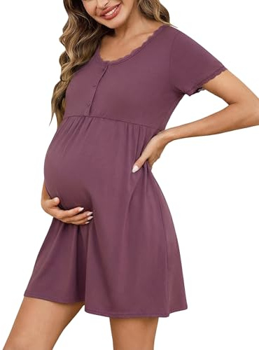 Demegimi Camicia da Notte Donna Pizzo Premaman Cotone Camicia da Notte per Allattamento con Bottoni Aperto Anteriore Vestaglia Allattamento Scollo a V