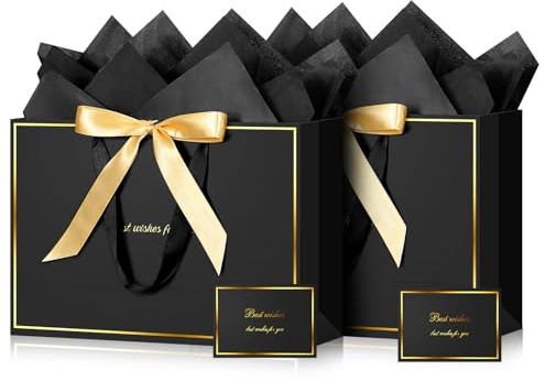 BBLIKE 2 Pcs Sac Cadeau Anniversaire - Sac Cadeaux Exquis Grand Format Noirs et Or, Pochette Cadeau avec 4 Feuilles Papier d'Emballage 2 Carte Pour Femme et Homme, Gift Bags Luxe, Décoration de Fête