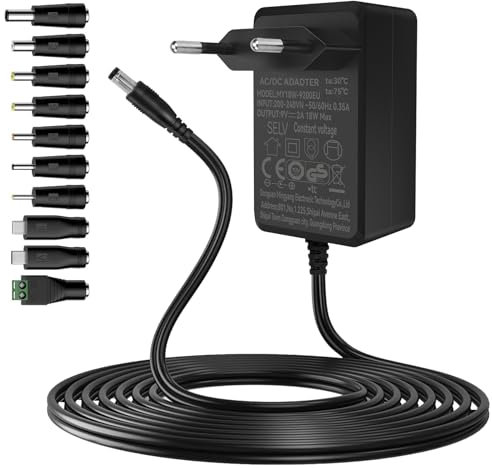 Transformateur 9V Alimentation 9V | Adaptateur Universel Transformateur 220V 12V Alimentation DC9V 1A 2A 2M Fil 10 Fiches 18W | AC/DC Adapter 200-240V 50-60HZ AC-DC (0~2A)
