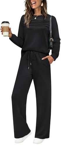WIHOLL Two Piece Outfits for Women Fall Essentials Clothes Travel Airport Long Sleeve Tracksuit 2 Pc Lounge Sets Wide Leg Women's 2026 Winter Loungewear Casual School Teachers Tops Black L