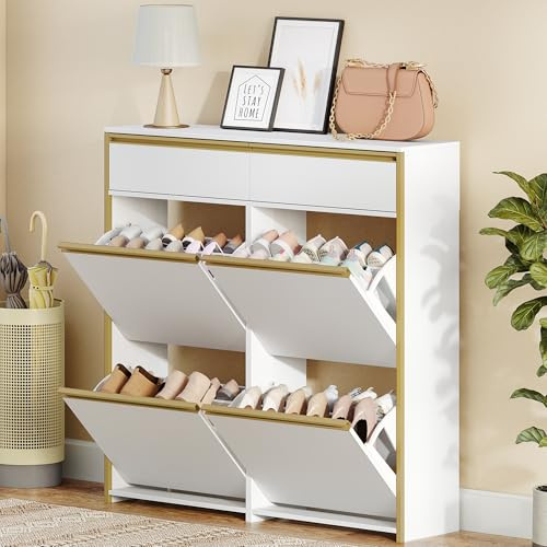 HEXCELEN Meuble à Chaussures Étroit avec 4 Battants, Étagère à Chaussures avec Tiroir, Meuble à Chaussure, Séparateur Réglables, 16 à 24 Paires, pour Couloir, Entrée, 100 x 24 x 99 cm, Blanc-Or