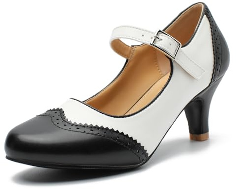 Rjclyh Women's Mary Jane Double-Tone Oxford Pumps Comfortable Low Kitten Heels Retro Ankle Strap Round Toe Dress Shoes Black & White US 10.5