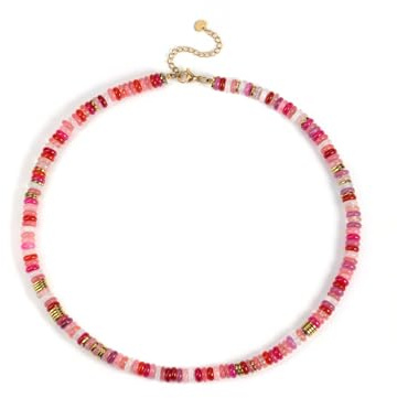 CrystalTears Women’s Beaded Necklace for Women Ladies, Healing Crystals Gemstone Beads Necklaces Pink Shade Boho Stone Beaded Necklace Summer Beach Jewellery Gifts for Women Girls Mum Birthday