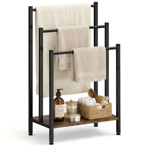 Free Standing Towel Rack, 3 Tier Freestanding Towel Stand with Storage Shelf, Metal Blanket Rack Stand for Bathroom, Bedroom, Living Room, Rustic Brown
