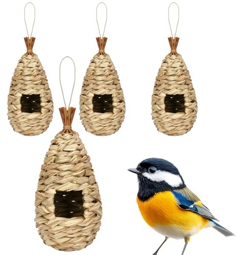 HAICN 4Pieces 11 * 24cm Bird Nest Hand Woven Bird Nesting Boxes Wild Birds Hanging Roosting Pouch Hatching Breeding Cave Birdhouses for Indoor & Outdoor Use