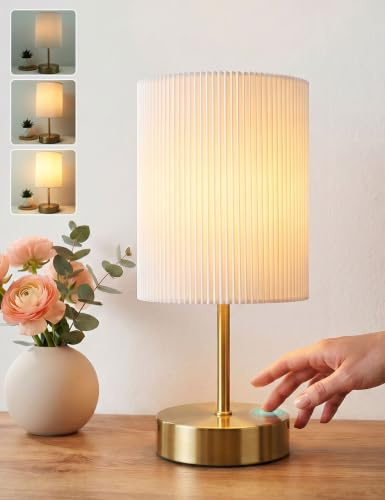 Bedside Lamps, Touch Lamp with 3D Pleated Fabric Shade, Gold Base | HSLighting Touch Table Lamp for Bedroom, 3-Way Dim, 2700K Warm Light, Metal Base, Incl. Bulb for Bedside Table Living Room