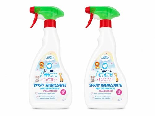 Spray Igienizzante Multisuperficie, Detergente Ipoallergenico per Bambini e Neonati, Pulizia di Giochi, Seggioloni, Fasciatoi e Superfici Lavabili, Nickel Cromo Cobalto Tested - 2 Unita da 750ml