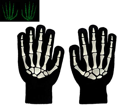 BEISIJIA vuxna barn skelett benhandskar lyser i mörkret hela fingerhandskar för halloween (svart, L)