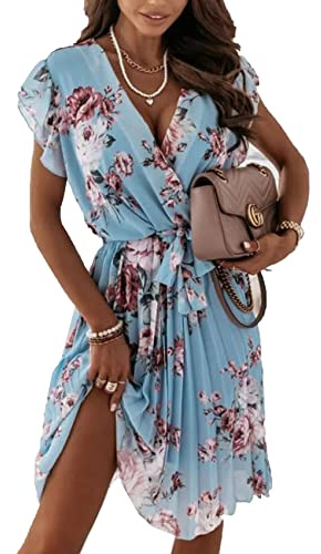 Vestido De Verano con Volantes De Manga Corta con Cuello En V Y Estampado Digital Vestido Retro Floral Elegante para Mujer