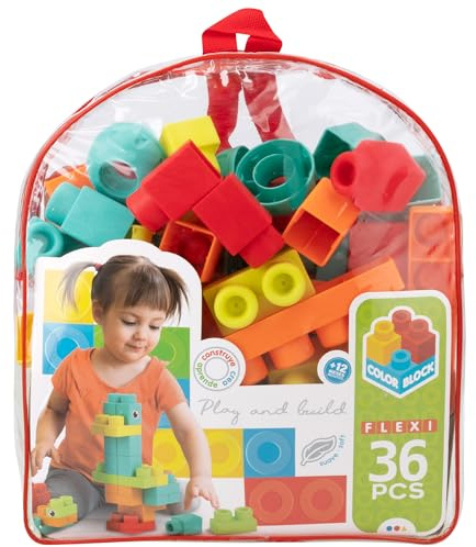 COLORBABY 49732 - Bloques de Construcción para niños Flexi / Incluye 36 piezas, juguetes para niños, juegos educativos / Piezas de construcción Grandes de diversas formas, colores y textura blanda