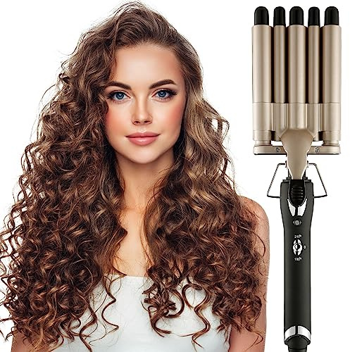 Hair Crimper Iron 5 Barrel Curling Iron Wand, 0.6 Inch Hair Waver Curler Ceramic Tourmaline Hair Styling Tool with Dual Voltage (0.6 Inch)
