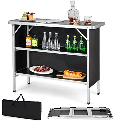 COSTWAY 110cm/206cm Folding Camping Table, Aluminum Portable Picnic Table with 2-Tier Open Shelves, MDF Tabletop and Carrying Bag, Camping Cupboard for Outdoor Hiking BBQ (Black, 110 x 38 x 88cm)