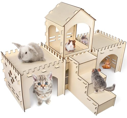 Bissap Wooden Rabbit Hideout Castle, Extra Large Bunny Houses and Hideouts Indoor Outdoor Rabbit Hidey Habitat for Bunnies Chinchillas Hamsters Guinea Pigs Detachable Small Animal Play Hideaway Hut