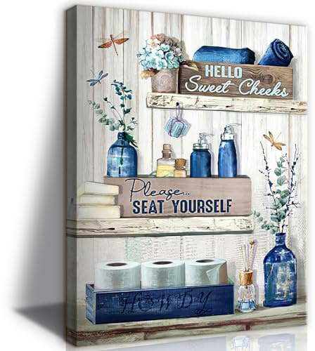 BJVJKSU Navy Blue Bathroom Decor Wall Art Rustic Blue Bathroom Canvas Wall Decor Please Seat Yourself Sign Print Painting Vintage Aesthetic Picture Artwork Decor(12x16in)