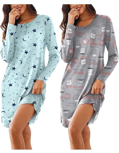 Ekouaer Sleep Shirts for Women 2 Pack Long Sleeve Nightgown Sleepwear Soft Pajama Tops Nightshirt