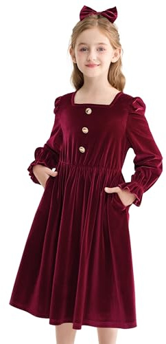 Rolanko Vestido de Terciopelo para Niñas con Bolsillos Mangas Largas Abullonadas Línea A Vestido Largo de Invierno con Lazo para el Cabello para Fiesta de Navidad y Cumpleaños, Rojo, 10-11 Años/150