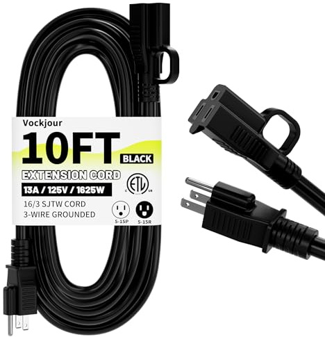 16/3 svart förlängningssladd för inomhus- och utomhusbruk, 3 m, vattentät, 3-stifts uttag, 13 A, 1625 W, 16 AWG, SJTW, flexibel strömkabel