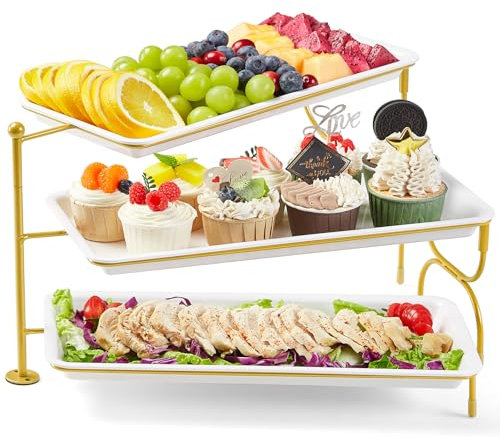 Lifewit Plateau de Service avec 3 Plats, Plateau Repas Amovible, Grand Plateau Plastique Rectangulaire 36 × 17cm, Presentoir Aperitif Buffet, Présentoir à Gâteaux, Panier Fruits, Support en Métal Doré