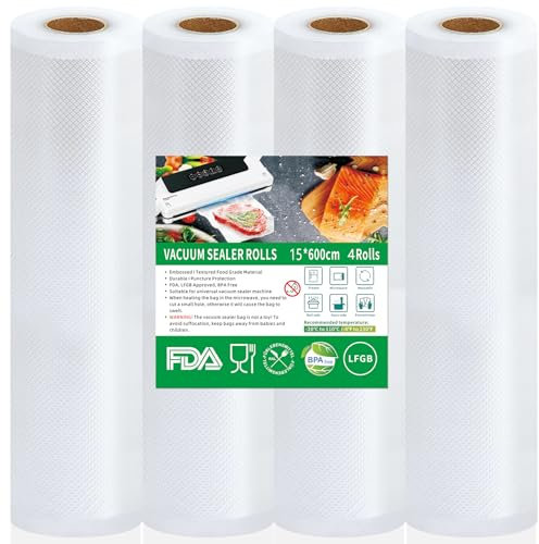 Votoko Sachet sous Vide Alimentaire 4 Rouleaux 15 x 600 cm, 190 µm, Film Sous Vide Alimentaire pour la Conservation des Aliments Sous Vide Et la Cuisson Sous Vide, Sans BPA
