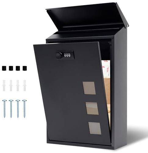 lisetar Buzón de acero montado en la pared con cerradura de combinación, 3 ventanas (4 x 4 cm), impermeable, para casa y jardín, color negro, 40 x 25 x 10 cm