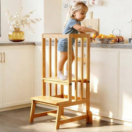 BAMBOOHOMIE Kids Kitchen Step Stool, Toddler Standing Tower Adjustable Height with Anti-Slip Feet, Toddlers Learning Step Stool Helper for Kitchen Counter or Bathroom Sink, Natural Bamboo
