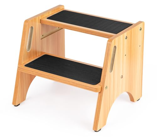 StrongTek Sgabello a Due Livelli Regolabile – Scaletta in Legno Robusta, Antiscivolo e Regolabile in Altezza per Adulti, Bambini e Uso Domestico