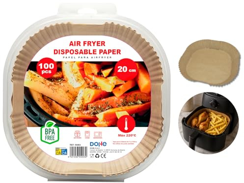 Dohe - Papel Freidora Aire Cuadrado (100 uds.) - Tamaño 20-24 cm para Air Friyers 5 8 Litros, Apto para Hornos y Microondas, Antiadherente y Absorbente, Sin BPA
