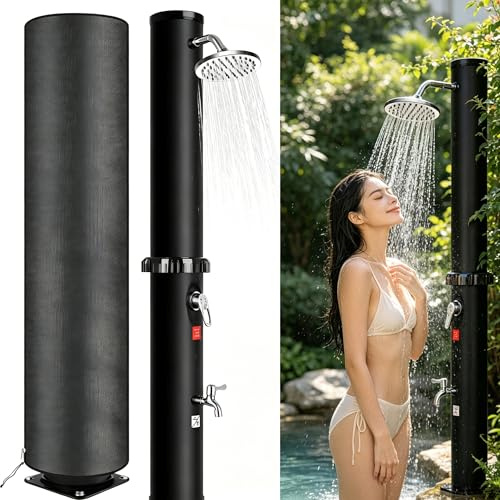 Ducha Solar Exterior 35 litros Ducha de Jardín Piscina Camping con Cabezal de Ducha de Lluvia Giratorio y Ducha de pies - Temperatura de hasta 60°C, Sin Necesidad de Electricidad - Negro (35L)