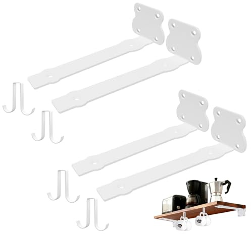 BRATA L-formade hyllfästen 20 cm, set med 2 par vita hyllfästen med 4 dubbla krokar, idealisk förvaringslösning för gör-det-själv-projekt för hemmet