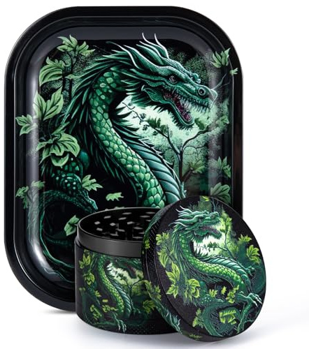 2.5-inch premium zinc alloy pepper grinder set, 4-layer spice grinder with magnetic lid, thickened metal rolling tray (7.1 x 5.5 inches), dragon pattern combination gift set.
