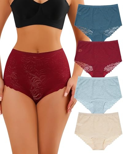 Levao Culotte Femme Dentelle Sexy Taille Haute Slip Culottes Slips sous-Vêtements Doux et Confortable Feminins Lot de 4 S-XXL