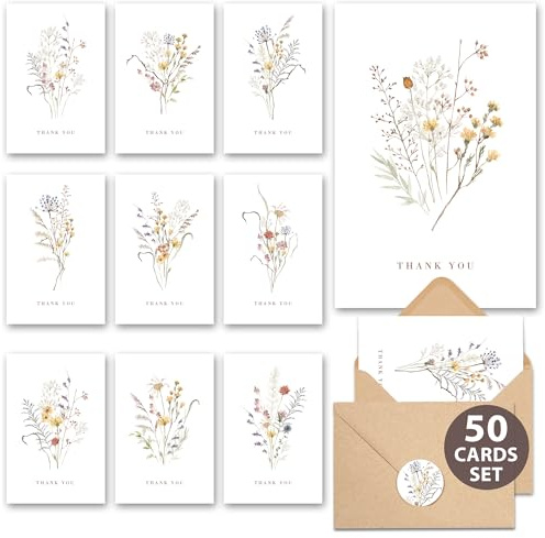 AUDREE Wildflower Thank You Cards with Envelopes (50 Pack 3.5 x 5.2) – Floral Thank You Notes with Adhesive Envelopes & Matching Stickers for Weddings, Baby & Bridal Showers
