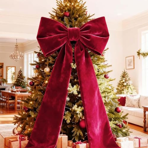 Fiocco Per Puntale Per Albero Di Natale, 50 x 38 cm Extra-Large Red Velvet Bow with 3 m Hanging Ribbon, Decorazione Per Albero Di Natale Wall, Fireplace and Garland (Rosso, 1 pc)