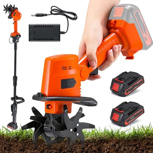Coltivatore Portatile per Terreno 21V, Mini Motozappa a Batteria da 235 Giri/min con 4 File di Denti, Motozappa Elettrico con Caricabatterie 2X1,5ah, Larghezza di Lavorazione 10Cm, Profondità Lavoro